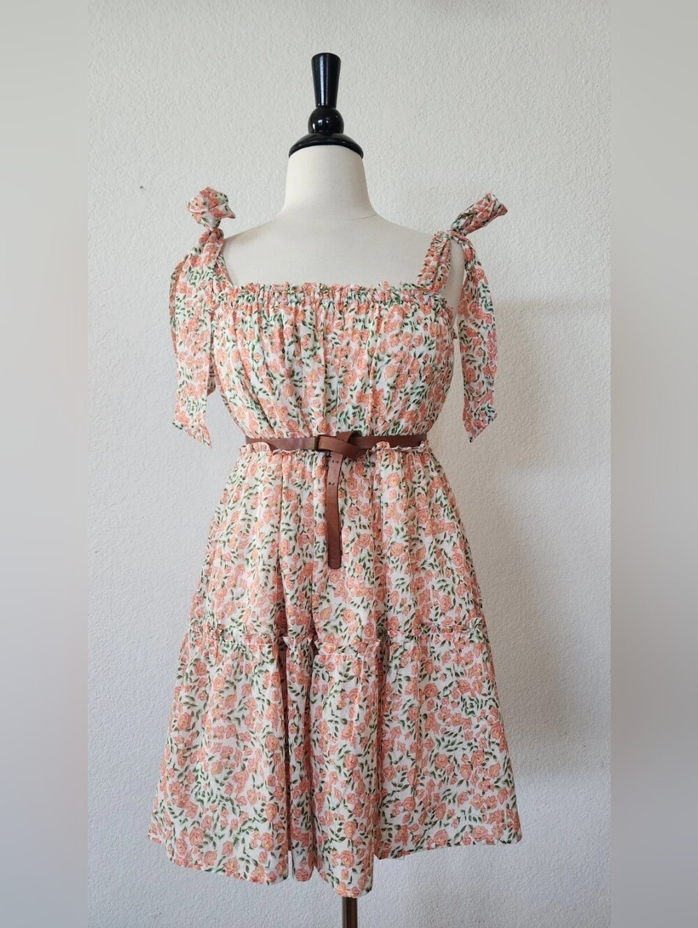 Floral Tie-Shoulder Sundress in Peach